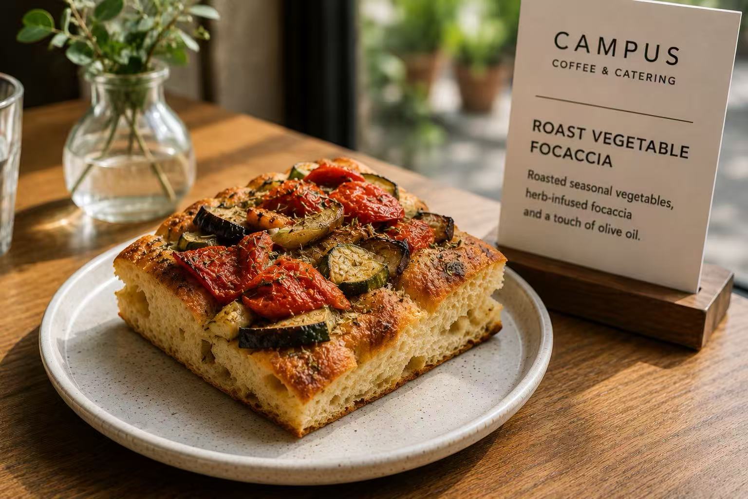 Roast vegetable focaccia with fresh greens